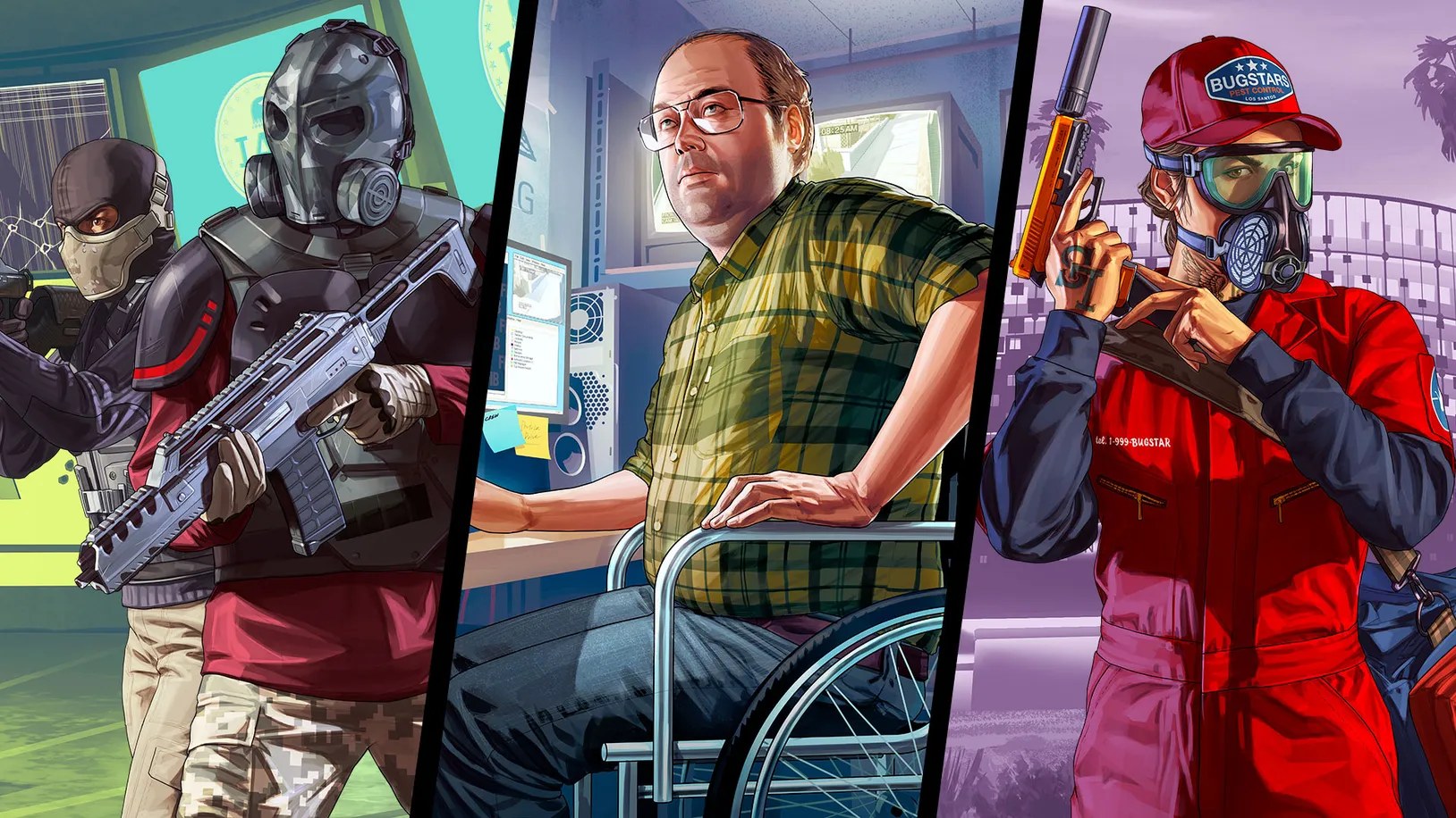 Heist crew artwork: armed gunmen in gas masks, Lester at his computer and a Bugstars operative