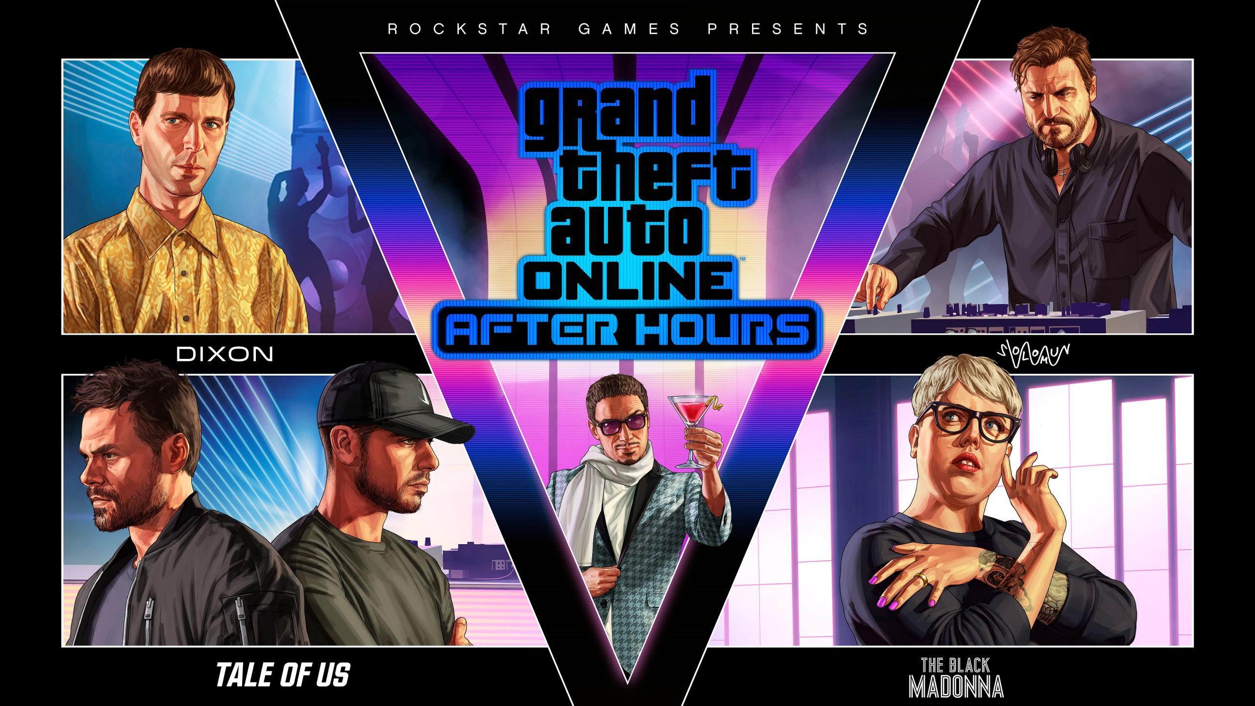 GTA Online After Hours artwork with the club owner and resident DJs