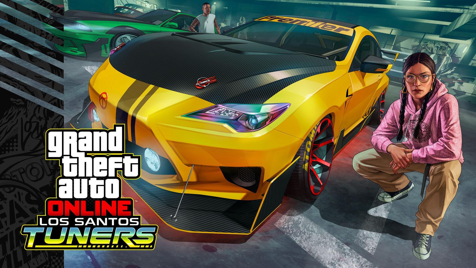 Los Santos Tuners artwork: a customised coupe in a tuner garage