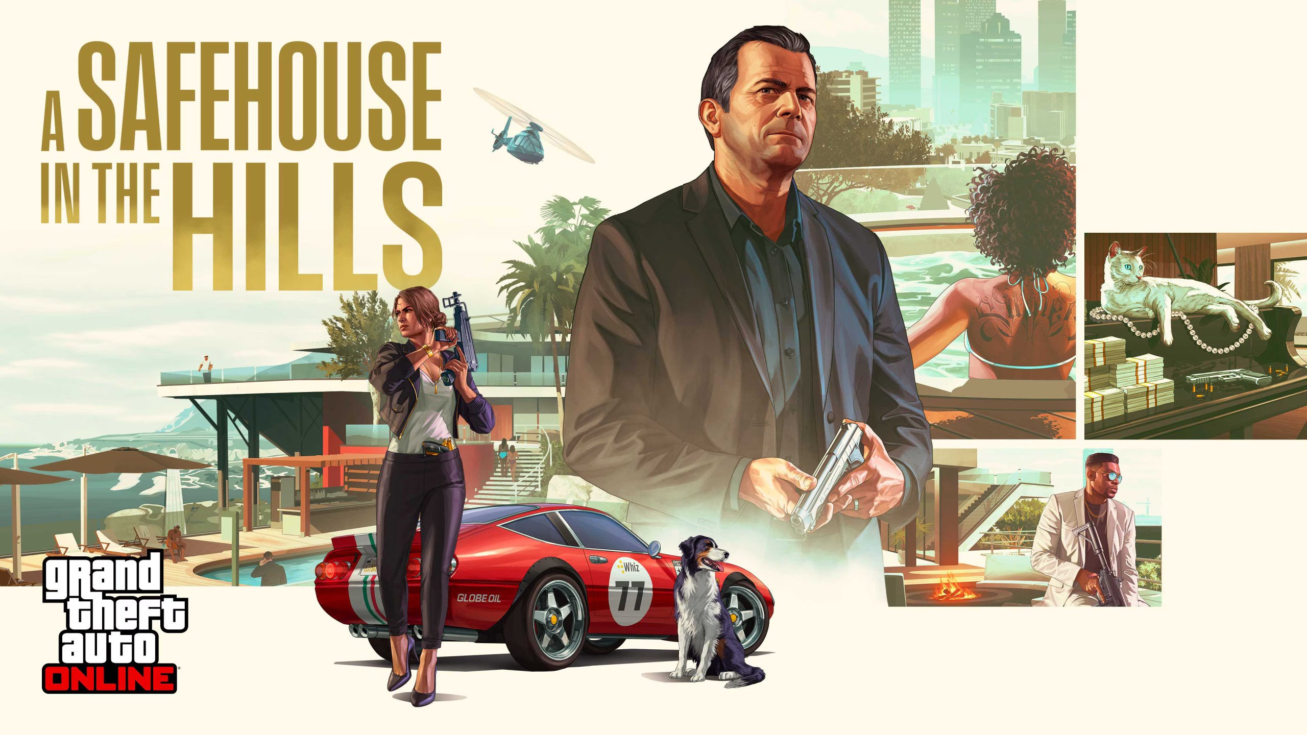 Vinewood Hills mansion artwork with a supercar and stacks of cash