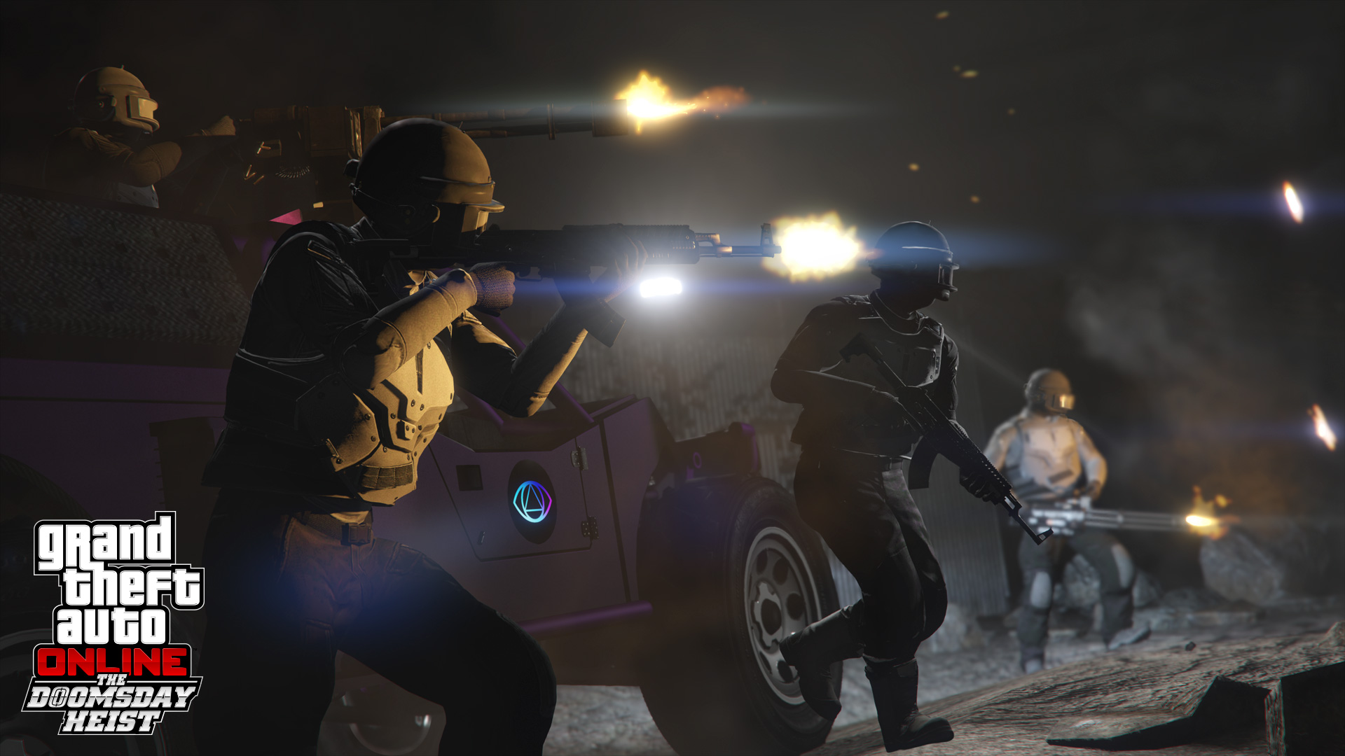 A night firefight in GTA Online with muzzle flashes and motorcycles