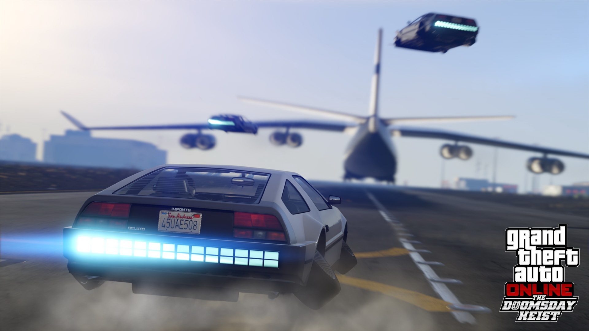 A car with a jet trail chasing a cargo plane down a runway