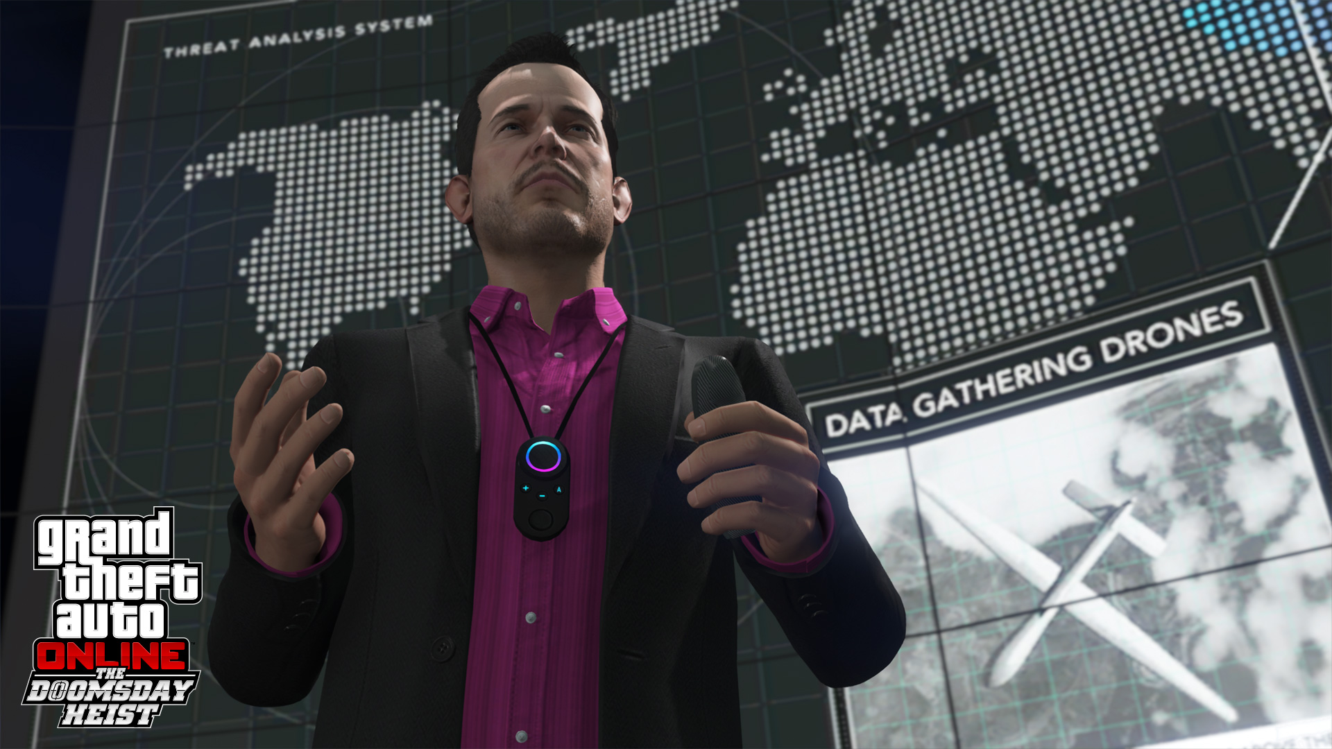 A character presenting in front of a large world map display