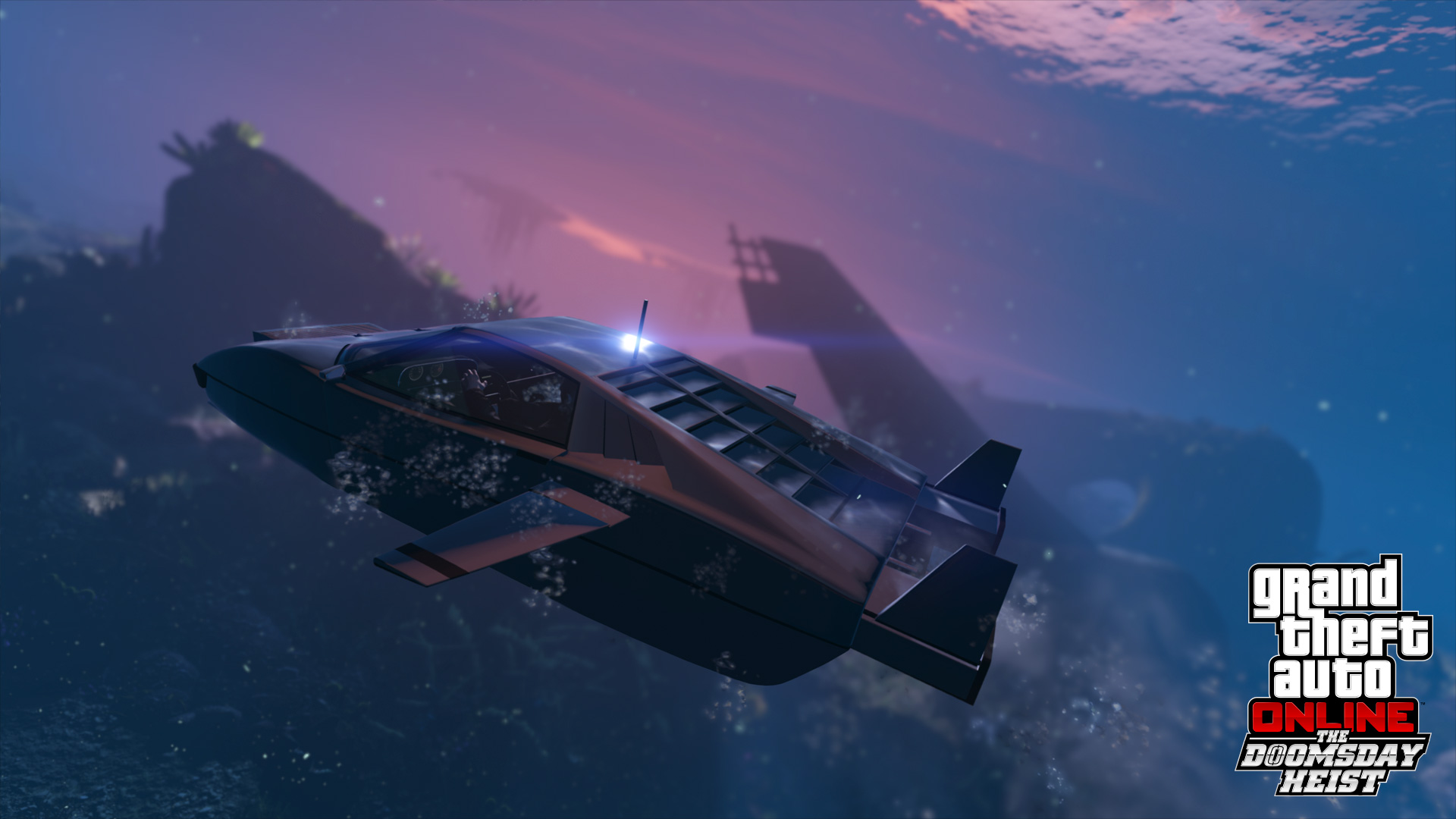 A submersible moving through deep water past a wreck