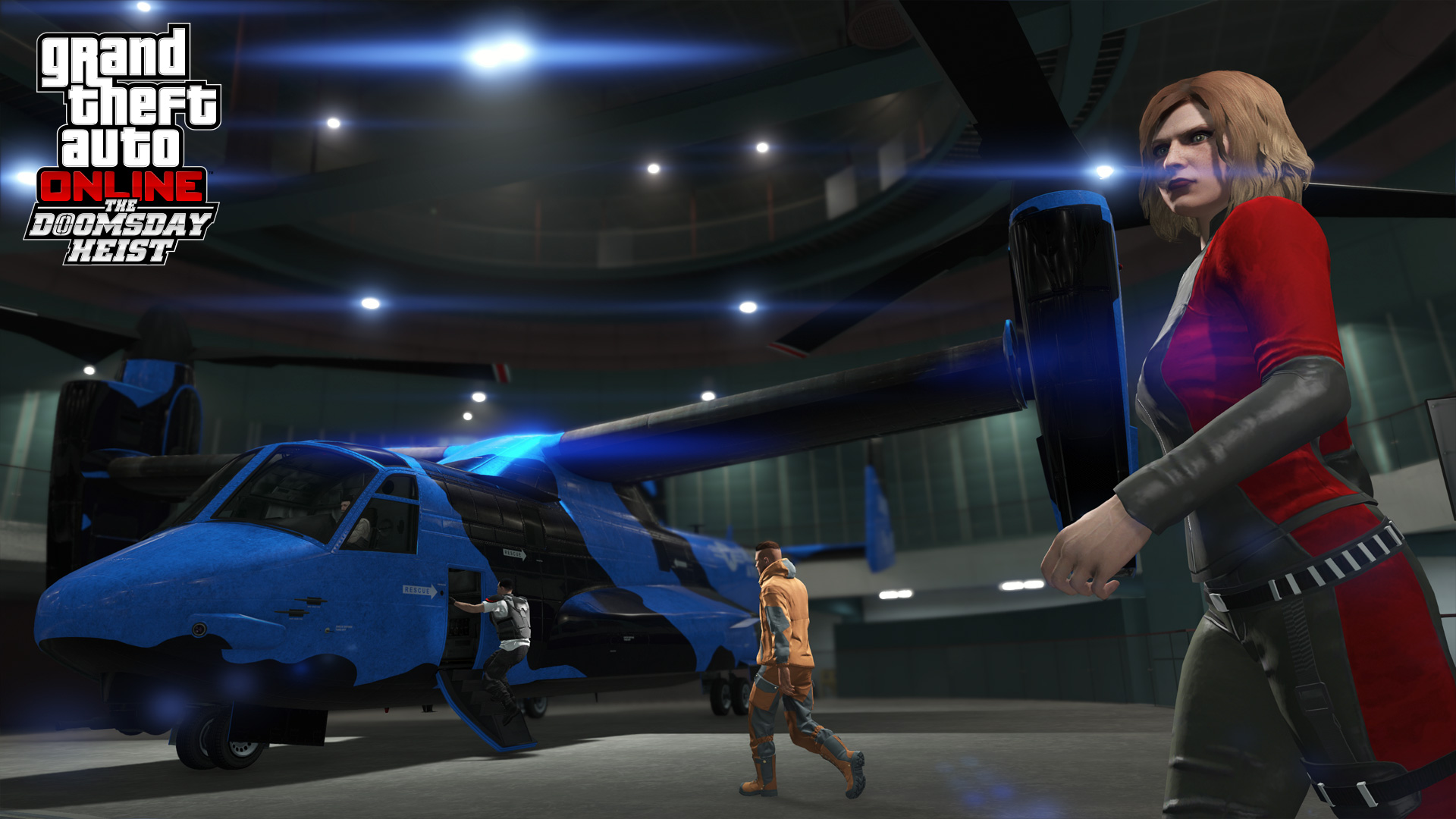 A hangar interior with a Deluxo and characters in GTA Online