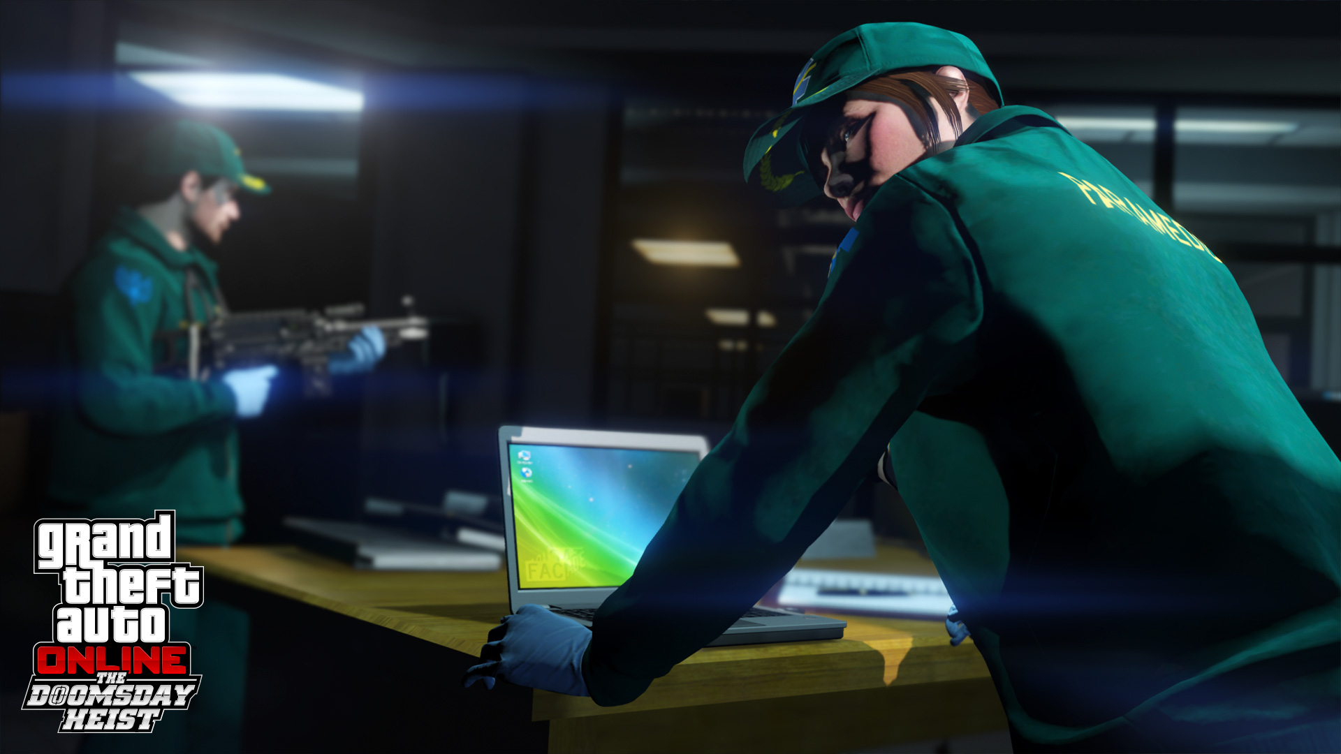 Two characters working at laptops in a dark room