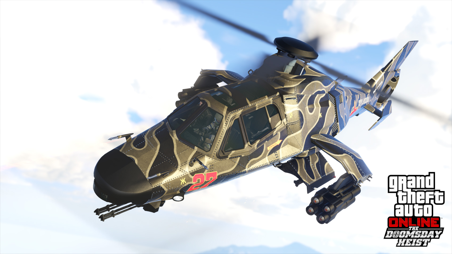 A camouflaged attack helicopter banking over Los Santos