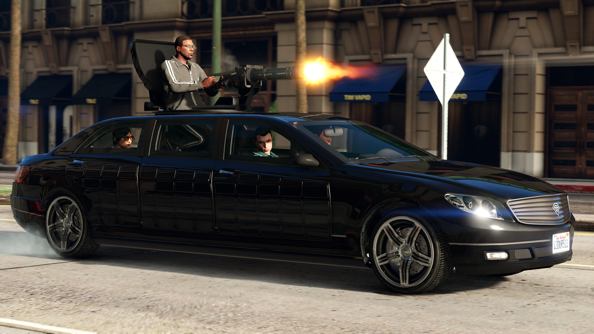 An armoured limousine with a gunman firing from the sunroof