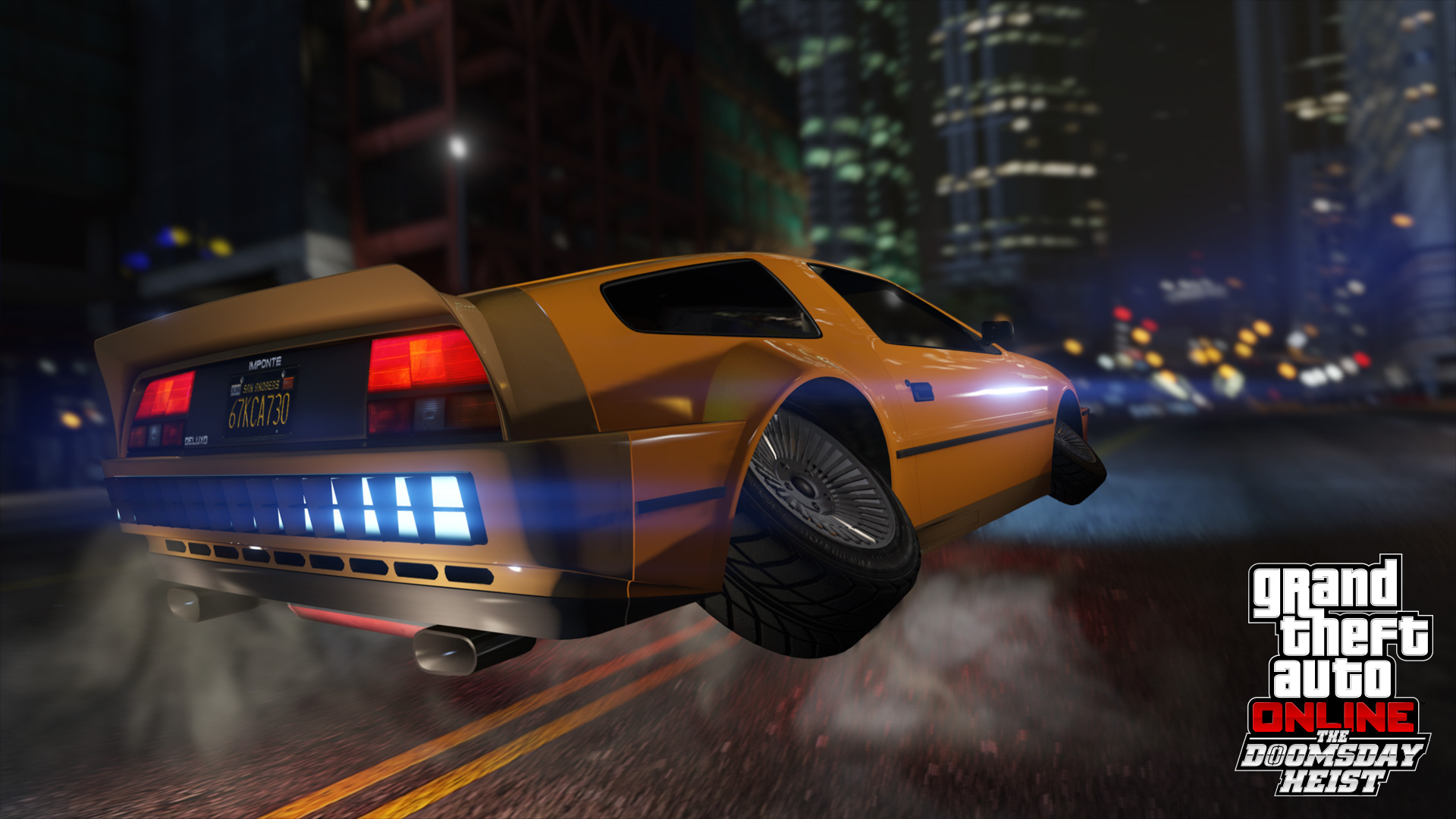 A Deluxo hovering above a Los Santos street at night