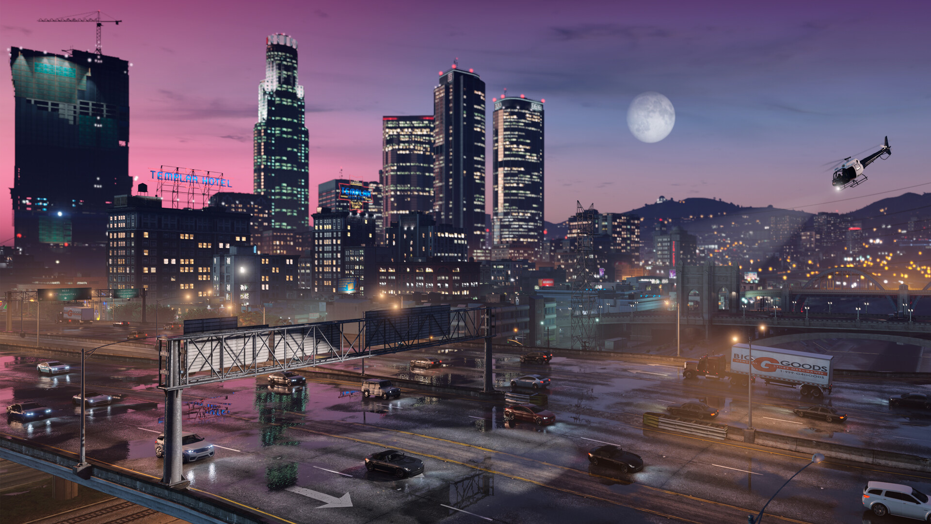 Downtown Los Santos at night on the Enhanced build, lit windows reflected on the freeway