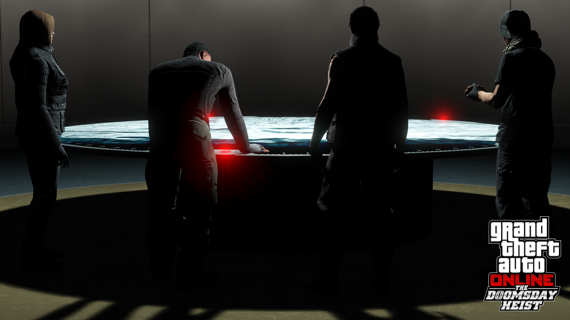 Four players standing around a lit heist planning table