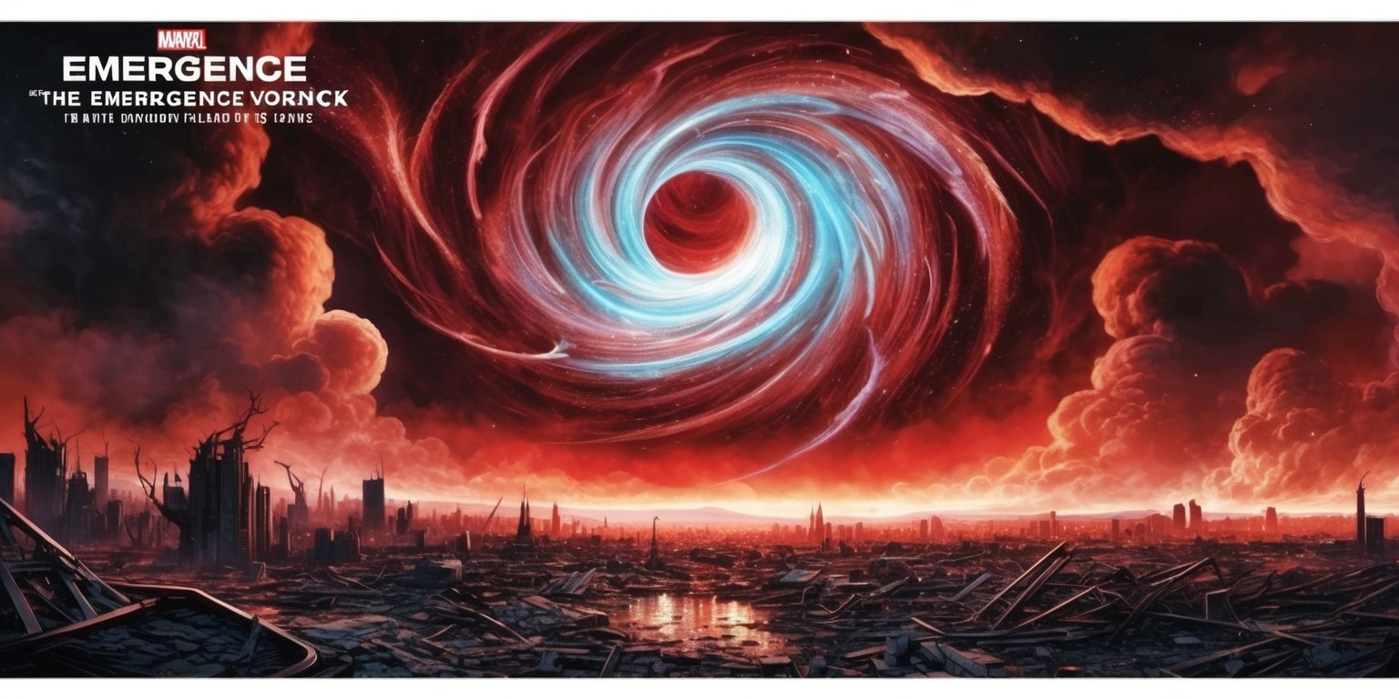 A vivid, cosmic illustration depicting the aftermath of The Emergence catastrophic event from the Marvel animated series What If...?, where a swirling, iridescent vortex has ravaged the planet, leaving a barren, smoldering wasteland in its wake. The once-blue skies are now a deep, fiery crimson, with ash and debris-filled clouds billowing outward from the center of destruction. In the foreground, the ruins of a cityscape stretch as far as the eye can see, with twisted, metallic scraps and mangled debris littering the ground. In the distance, the silhouette of a desolate, shattered landscape stretches toward the horizon, with the faint, glowing embers of dying stars flickering like embers. The color palette is a mix of deep oranges, fiery reds, and smoky grays, evoking a sense of desperation and devastation. The style blends traditional comic book illustration with a hint of digital painting, emphasizing bold lines, dramatic shading, and an overall sense of urgency.