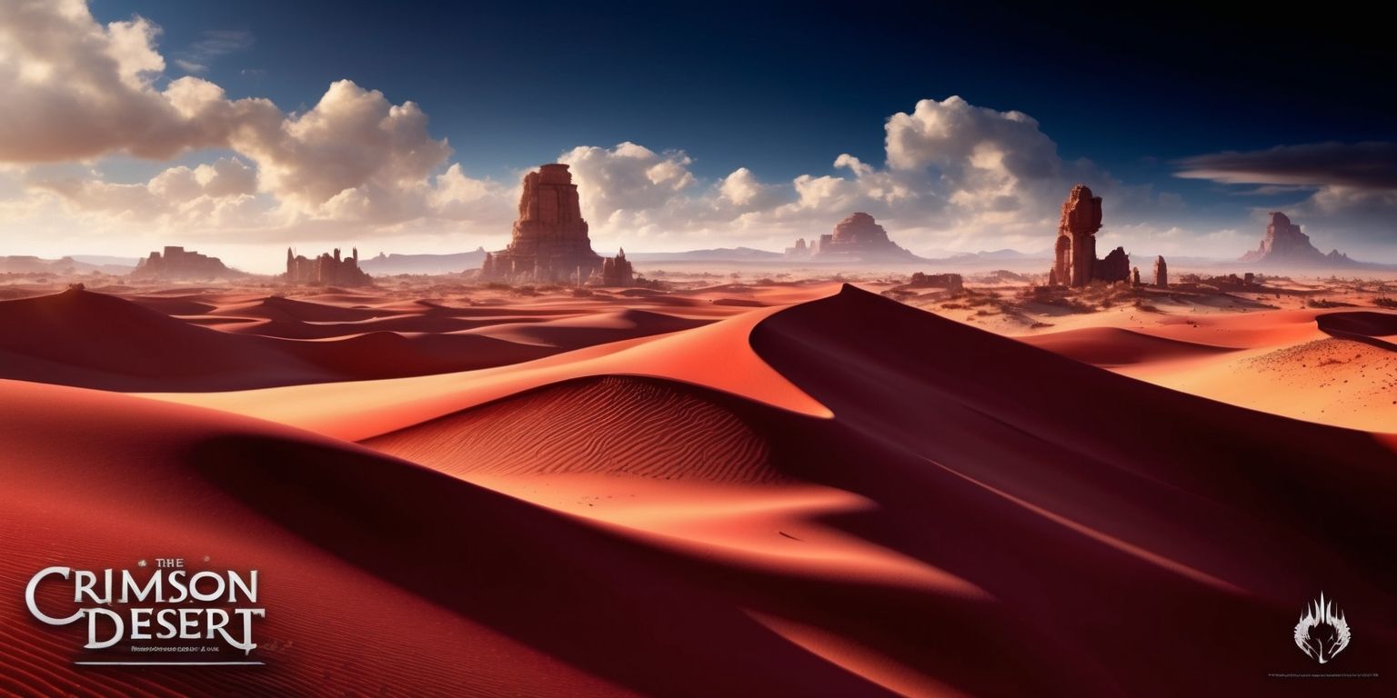A vast desert landscape with crimson-hued sand dunes stretching towards the horizon, set against a backdrop of deep blue skies with a few scattered clouds, inspired by the Crimson Desert game, with intricate rock formations and ancient ruins in the distance, featuring a dramatic interplay of light and shadow, with warm golden tones and deep crimson hues dominating the color palette, and a sense of mystique and adventure pervading the atmosphere, with the game's distinctive typography and logo subtly integrated into the scene, blending fantasy and reality in a captivating visual narrative.