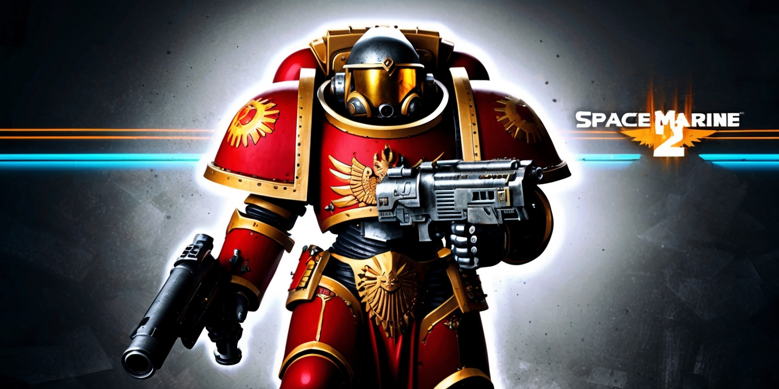 A futuristic Space Marine from the Space Marine 2 game stands heroically with a powerful pose, wearing intricately detailed and ornate power armor adorned with bold gold trim and a vibrant red color scheme, set against a dark and gritty sci-fi background with a subtle blur effect, the Space Marine's facial features obscured by a helmet with a gold visor, a large bolter gun at the ready in their right hand, with a faint glow of blue and orange illumination on the armor's edges, and the Warhammer 40k logo subtly integrated into the design of the armor or the background, with bold lines and dynamic lighting emphasizing the character's imposing presence.