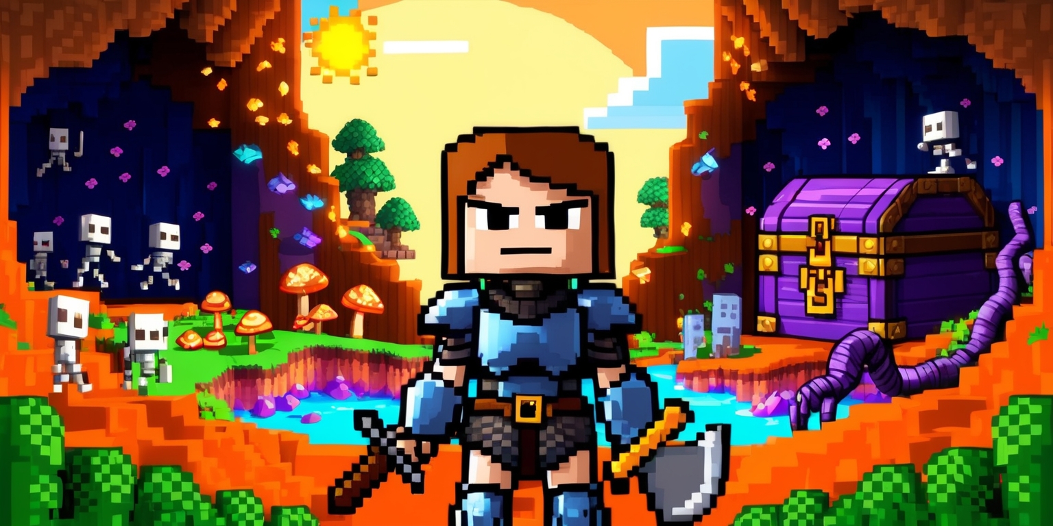 A vibrant pixel art scene from the Terraria game, featuring a character with a determined expression, fair skin, and brown hair, wearing a full suit of armor, standing in front of a sprawling underground cave filled with glowing mushrooms, precious gems, and ominous lava pits, with a pickaxe in hand and a sword by their side, surrounded by various mobs including zombies, skeletons, and giant worms, set against a warm orange and blue background with a bright sun shining down, and a few trees and clouds visible in the distance, with the game's iconic 2D pixelated graphics style and a mix of earthy tones, blues, and greens, with the character's eyes fixed on a treasure chest in the distance, adorned with a golden lock and a few mysterious symbols etched onto its surface.