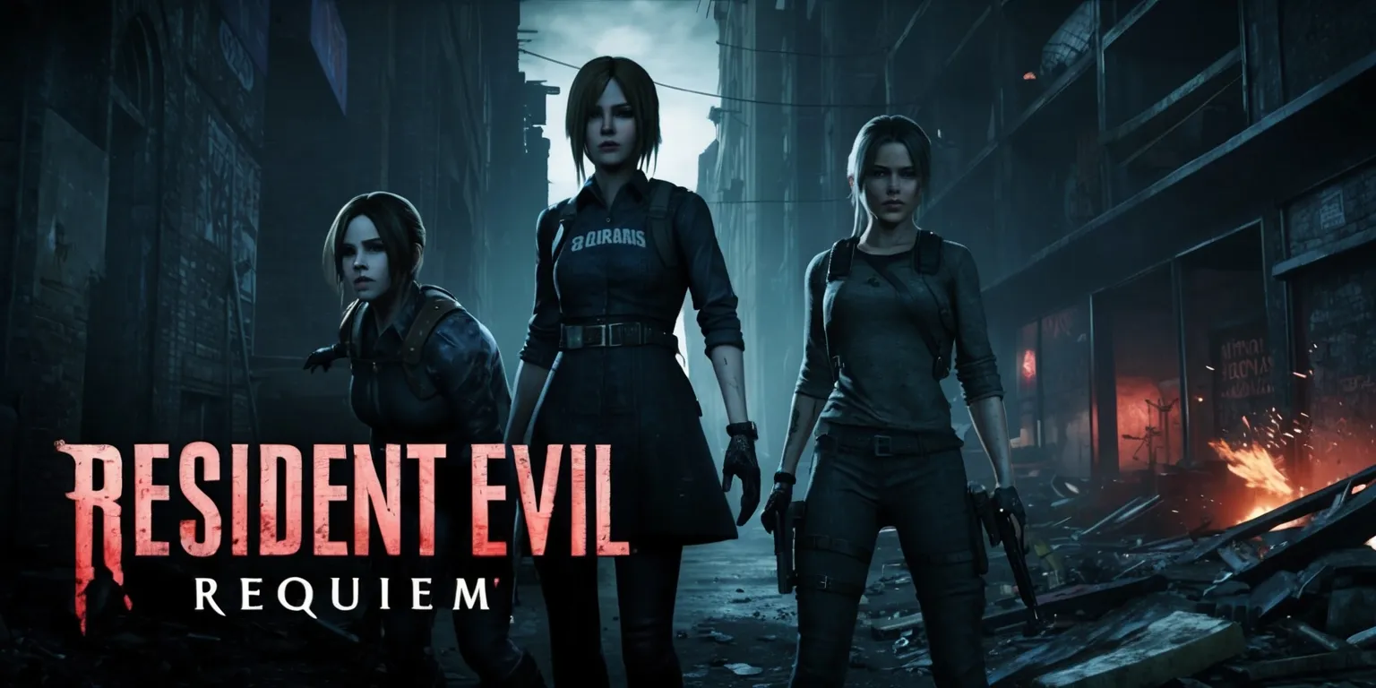 A dark and ominous scene from the Resident Evil Requiem game, with a haunting atmosphere and intense lighting, featuring key characters such as Alice and Jill Valentine, with detailed facial features and determined expressions, set against a gritty urban backdrop with ruined buildings and debris-filled streets, incorporating a mix of gothic and industrial elements, with a predominantly dark color palette and muted tones, and hints of neon lights and fiery explosions, with the game's logo and typography prominently displayed in a bold, blood-red font, and the overall composition framed in a cinematic style with a shallow depth of field, drawing focus to the central characters and action.