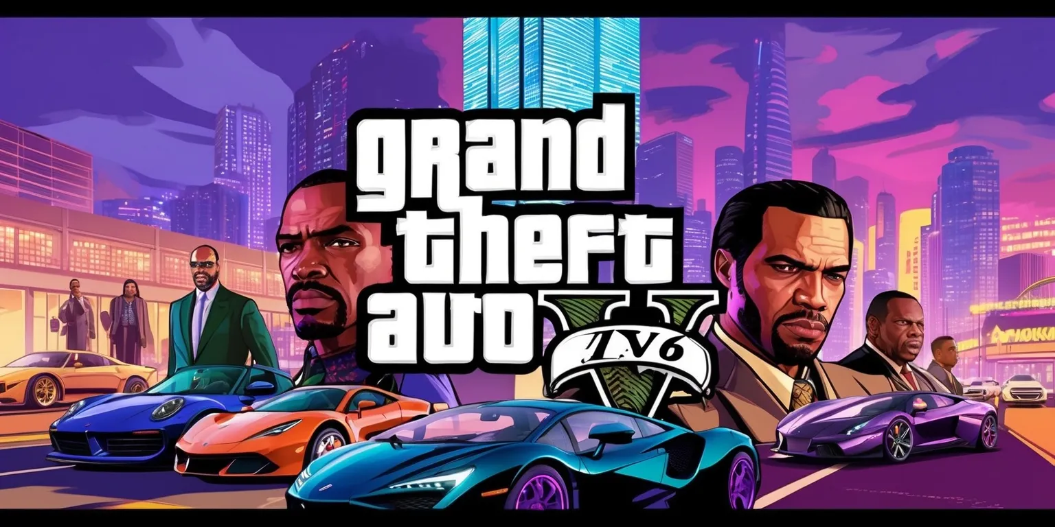 A detailed illustration of the Grand Theft Auto 6 game, featuring a vibrant cityscape with sleek cars and characters, set against a backdrop of towering skyscrapers and neon lights, with a mix of realistic and stylized graphics, and a color palette that blends deep blues and purples with warm oranges and yellows, showcasing a diverse cast of characters with unique facial features and skin tones, and incorporate the game's logo in a bold, modern font with a metallic sheen, placed prominently in the center of the image, with the city streets and buildings blurred slightly in the background to emphasize the game's fast-paced action and dynamic gameplay.