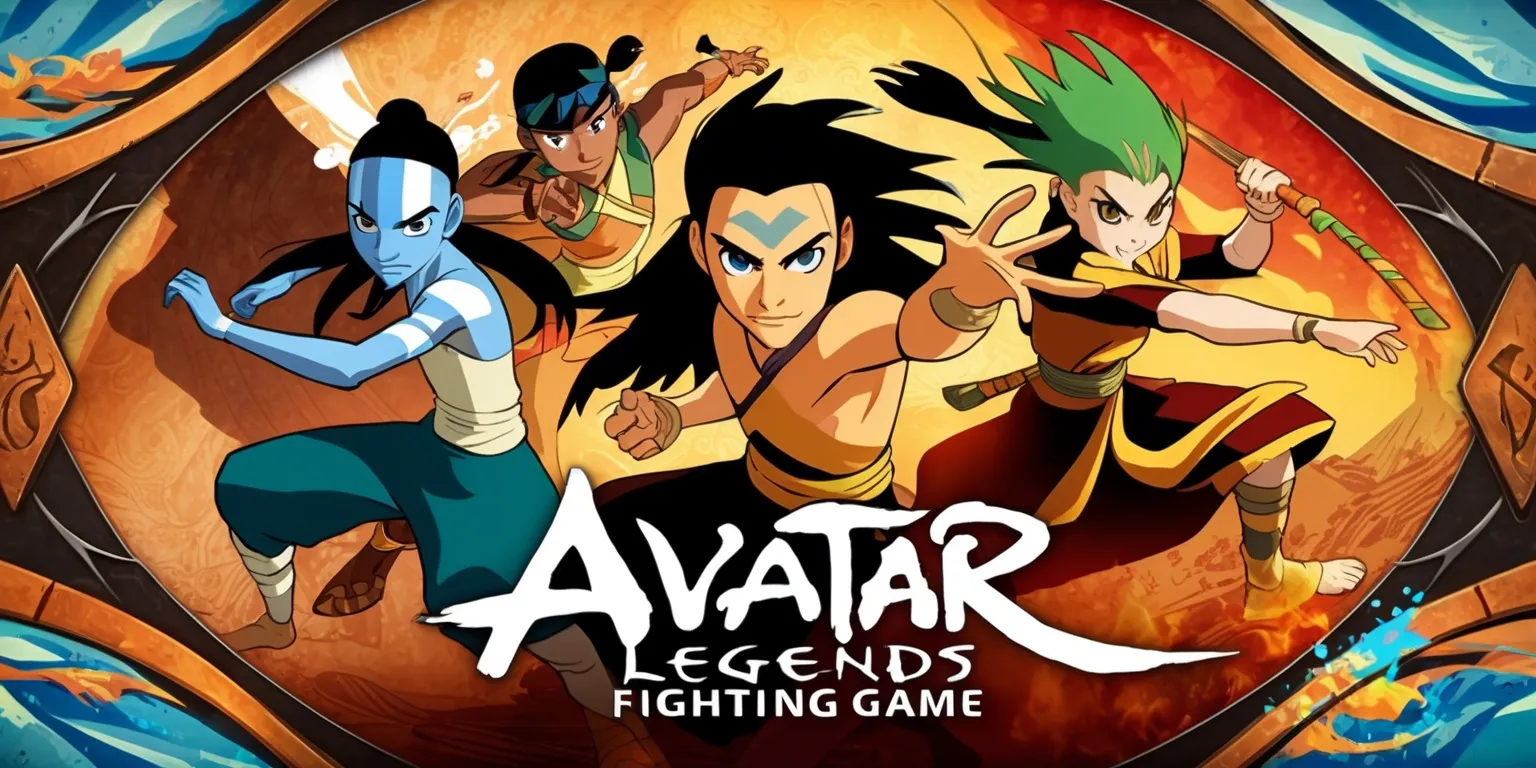 A dynamic illustration of the Avatar Legends fighting game, featuring a vibrant and action-packed scene with characters from the series, including Aang, Katara, Zuko, and Toph, each with unique facial features, skin tones, and attire, set against a stylized background with a mix of earthy and fiery colors, with bold lines and exaggerated expressions, incorporating the four elements of water, earth, fire, and air, with subtle textures and intricate details, capturing the intense energy and excitement of the game, with a sense of movement and tension, as the characters engage in epic battles and combos, surrounded by subtle hints of the game's user interface and special effects.