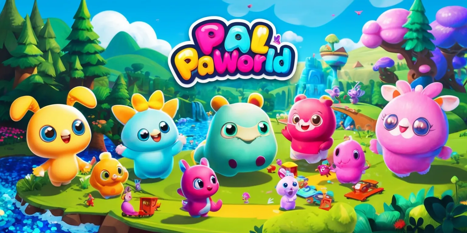 A vibrant and colorful digital illustration of the Palworld game, featuring a variety of Pals, adorable creature-like beings with distinct shapes, sizes, and bright pastel colors, set against a stunning backdrop of lush green forests, rolling hills, and sparkling blue waters, with a few Pals playing, exploring, and interacting with each other, showcasing the game's unique art style, which blends elements of fantasy and adventure, with bold lines, intricate details, and a sense of wonder, as the Pals' facial expressions convey joy, curiosity, and friendship, with the game's logo subtly integrated into the scenery, in a beautiful, whimsical, and eye-catching visual representation of the Palworld universe.