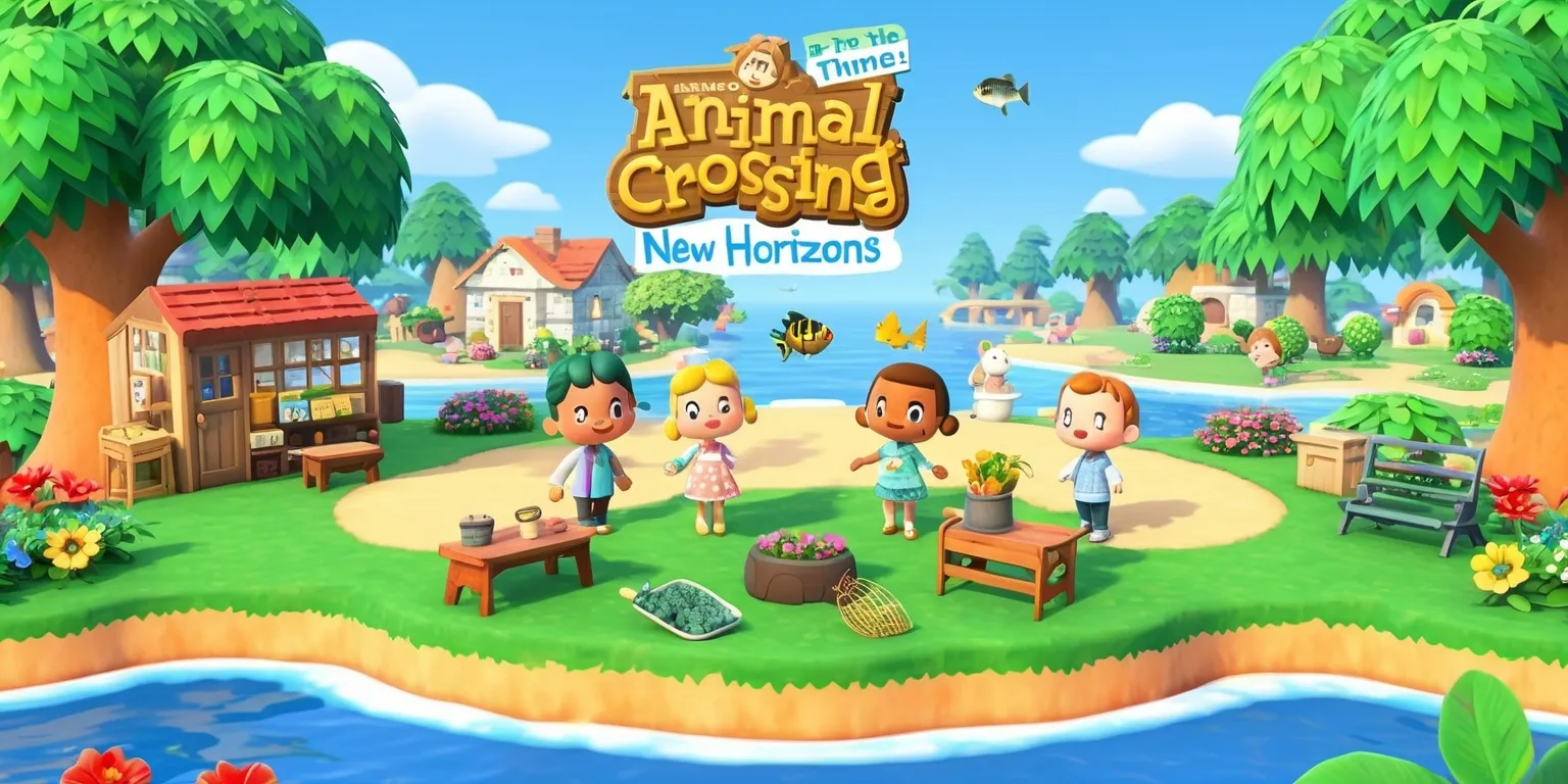A colorful digital illustration of the Animal Crossing: New Horizons game, featuring a serene island setting with lush green trees, vibrant flowers, and a clear blue sky, Tom Nook's store and other villagers' homes in the background, with characters like Tom Nook, Isabelle, and K.K. Slider, all with distinctive facial features and clothing, surrounded by various furniture and decorations, including a fishing rod, a net, and a gardening shovel, with a few fish and insects flying around, and a few boats and bridges in the distance, all set against a warm and inviting atmosphere, with a mix of earthy tones and pastel colors, and a slight sense of depth and dimensionality to the scene.