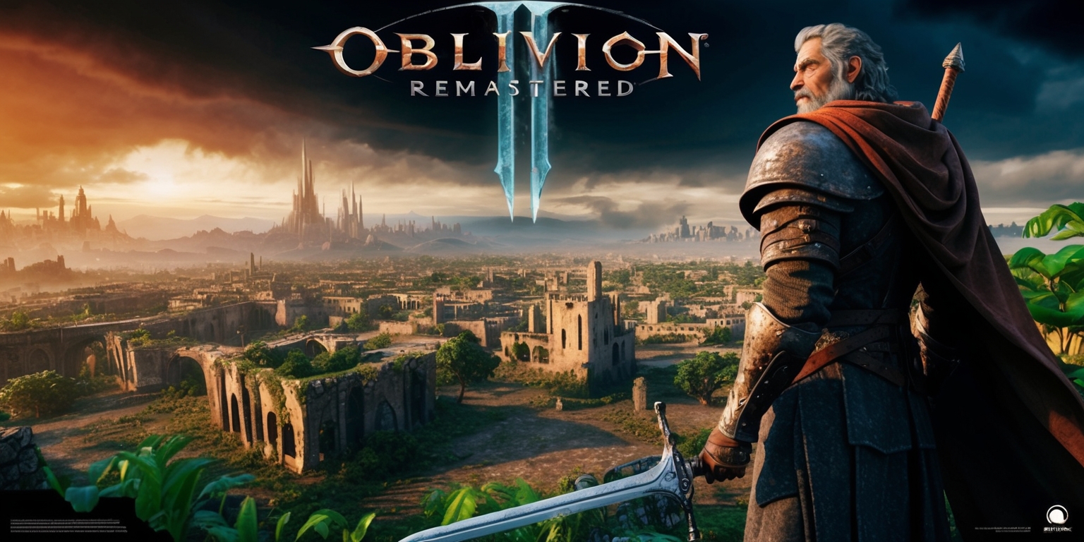 A highly detailed, futuristic sci-fi landscape depicting the world of Oblivion Remastered, with a vibrant, post-apocalyptic atmosphere and an emphasis on realistic textures and lighting. The scenery showcases a sprawling, ruined cityscape with crumbling buildings, overgrown with lush greenery, set against a dramatic, orange-hued sky with dark clouds and a sense of impending doom. In the foreground, a weathered, heroic figure stands tall, clad in worn, medieval-inspired armor, with a determined expression and a sword at the ready, gazing out upon the desolate horizon. The overall style blends fantasy and science fiction elements, with intricate, realistic details and a mix of warm, earthy tones and cool, metallic hues. The composition is cinematic, with a sense of depth and immersion, as if the viewer is standing within the world of Oblivion Remastered.