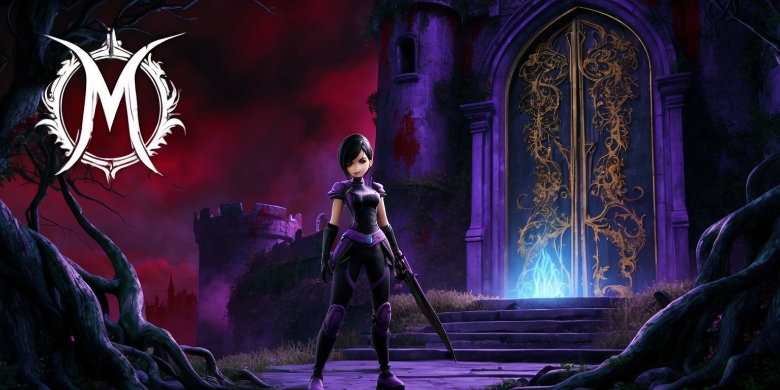 A dark, mystical, and atmospheric Metroidvania game screenshot with a lone protagonist, a female hunter with short, spiky black hair and piercing green eyes, wearing a sleek black and purple armor set, standing at the edge of a hauntingly beautiful, ruined castle, surrounded by a lush, vibrant, and ominous environment, with twisted, gnarled tree roots and faded, moss-covered stone walls, set against a backdrop of a deep, bloody red and purple sky, with a massive, ancient, and mysterious door in the distance, adorned with intricate, golden filigree and cryptic, glowing blue runes, and a faint, eerie, pulsing glow emanating from the door, with the game's logo, a stylized, gothic, silver letter M, embossed in the top left corner of the screen.