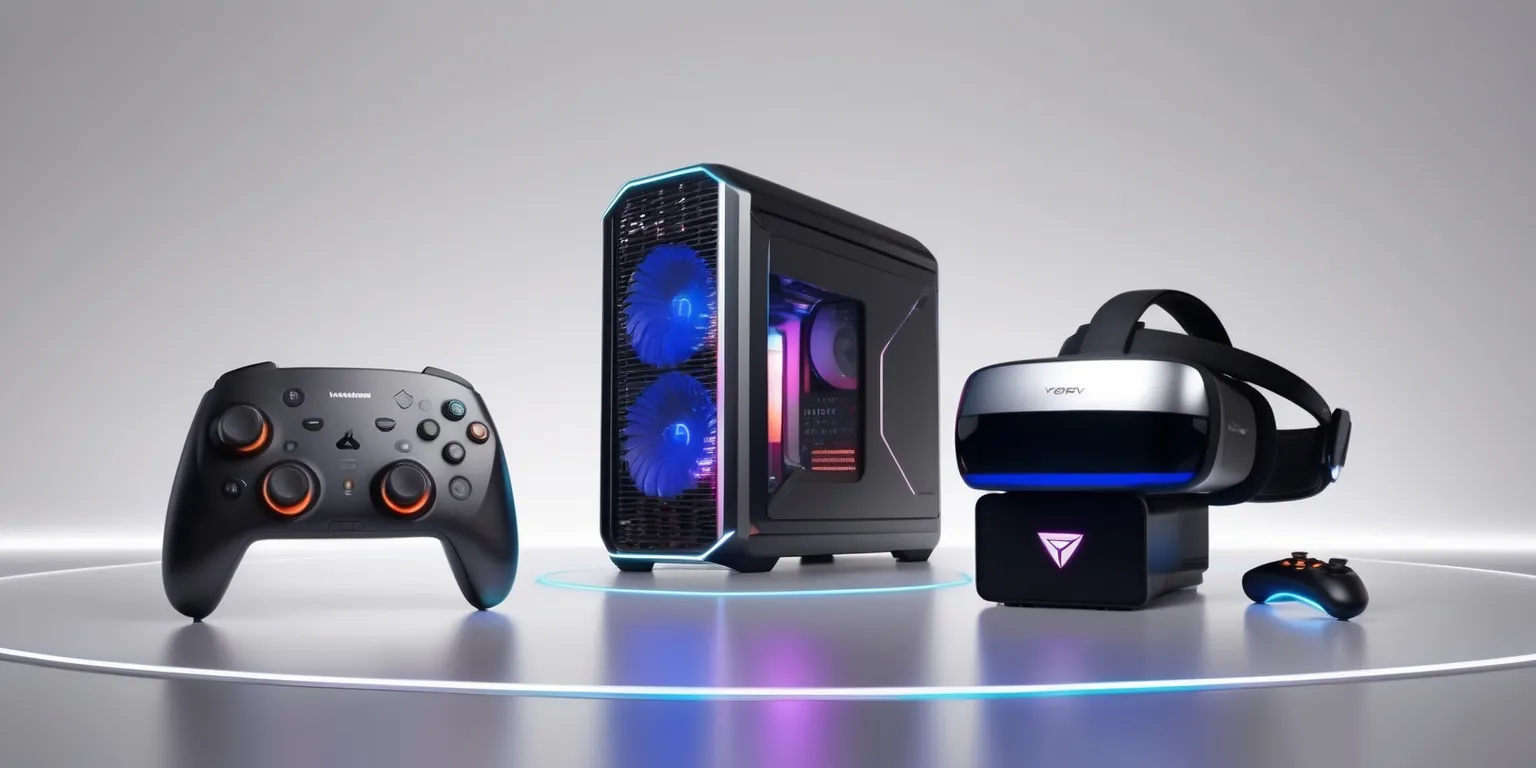 A sleek and modern integrated gaming ecosystem hardware suite featuring a dynamic controller with interchangeable thumbsticks and directional pads, a compact gaming PC with a ventilated metallic chassis and vibrant LED lighting, and an advanced VR headset with a high-resolution OLED display and ergonomic design, all seamlessly connected to provide an immersive and versatile gaming experience, with the devices arranged in a futuristic layout on a minimalist background, showcasing the cutting-edge technology and innovative design of the next-generation gaming hardware ecosystem.