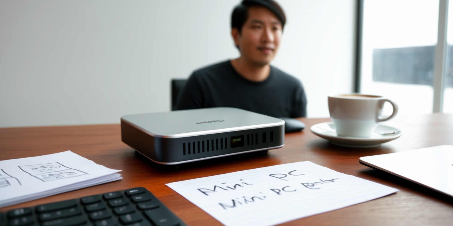 A photograph of a mini PC on a wooden desk, with a keyboard and mouse placed beside it, surrounded by notes and a cup of coffee, with a person in the background, possibly a tech reviewer, with a neutral facial expression, medium skin tone, and short dark hair, looking at the mini PC with interest, the room has a minimalist aesthetic with a white wall and a large window with natural light pouring in, the mini PC has a sleek and compact design with a silver and black color scheme, the keyboard and mouse are wireless and have a modern design, the notes on the desk are handwritten in a black notebook with a few diagrams and charts, the cup of coffee is white with a simple design, the overall mood of the image is professional and informative, with a focus on the mini PC as the main subject, the text in the background is blurred but appears to be a review article with a bold headline and a few paragraphs of text.