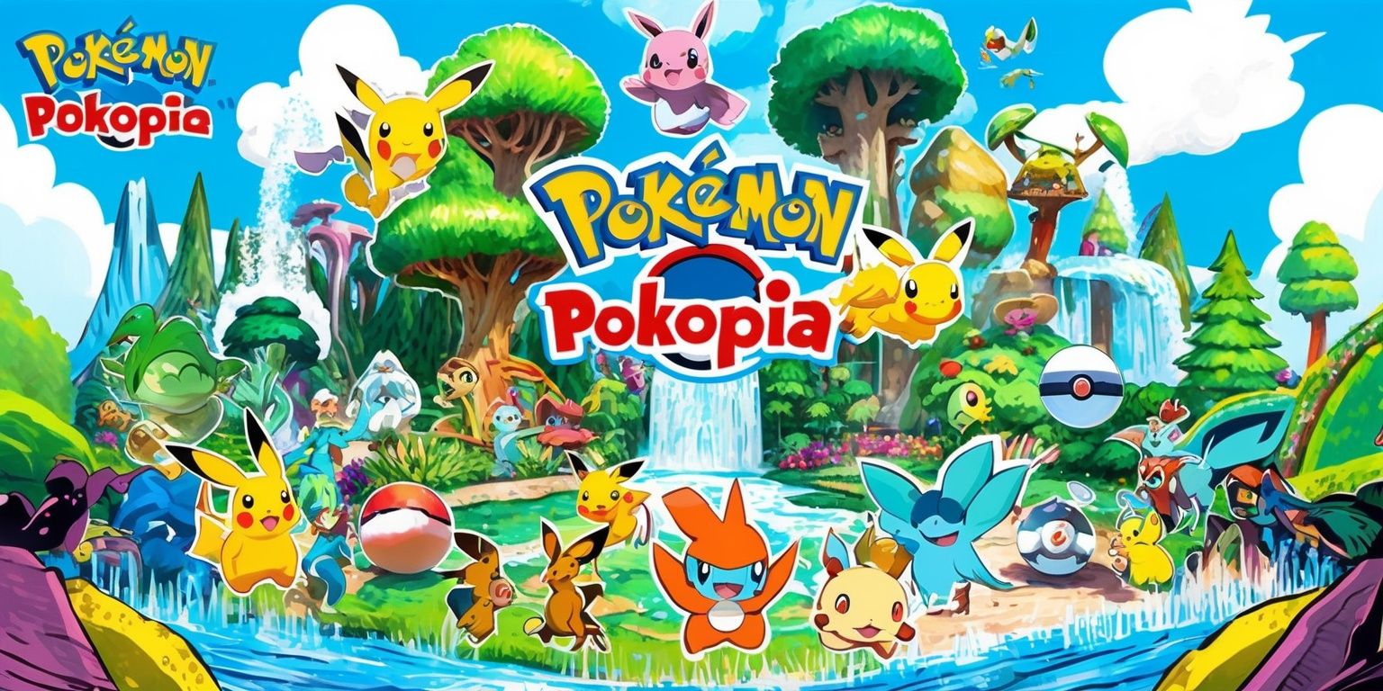 A vibrant and colorful illustration of the Pokémon Pokopia game, featuring a variety of Pokémon characters in a lively and fantastical world, with lush green forests, towering trees, and sparkling waterfalls, set against a bright blue sky with fluffy white clouds, incorporating a mix of digital and hand-drawn elements, with bold lines, intricate details, and textures, and a layout that showcases the game's exciting gameplay and adventurous spirit, including Poké Balls, trainers, and other iconic game elements, with a dynamic composition and framing that draws the viewer into the world of Pokopia.