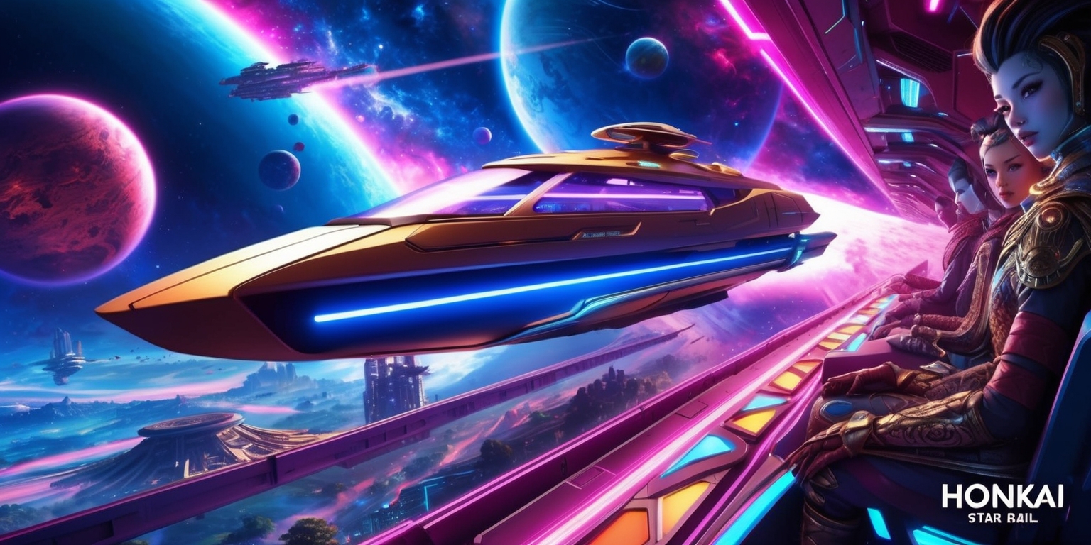 A vibrant, futuristic sci-fi scene from the Honkai: Star Rail game, featuring a Vessel traversing through a stunning, neon-lit galaxy filled with stars, planets, and spaceships, with a sleek, metallic aesthetic and a bold, dynamic color palette, including shades of blue, purple, and pink, and a dramatic, cinematic style, with intricate details on the characters' facial features, skin tones, and unique attributes, such as distinctive hairstyles and elaborate costumes, set against a backdrop of breathtaking, otherworldly landscapes and mysterious, ancient alien structures.