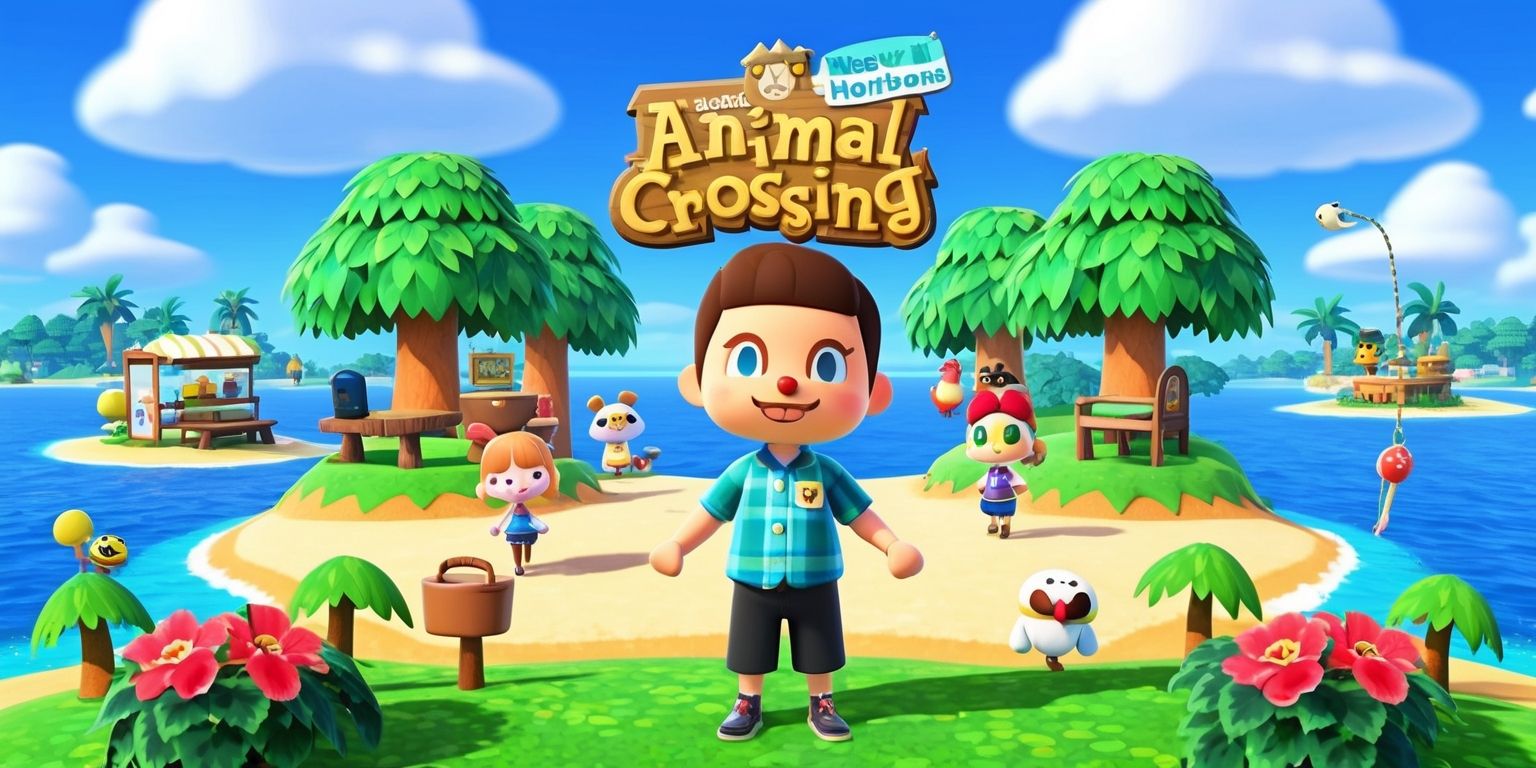 A vibrant and colorful digital illustration of the Animal Crossing: New Horizons game, featuring Tom Nook standing in front of a beautifully designed island getaway, surrounded by lush green trees, bright blue waters, and a few adorable characters like Isabelle and K.K. Slider, with a clear blue sky and fluffy white clouds in the background, and a few iconic game elements like fishing rods, furniture, and flowers scattered throughout the scene, with bold lines, soft textures, and intricate details, and a warm inviting atmosphere that showcases the game's unique charm and personality.