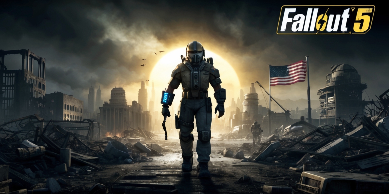 A post-apocalyptic video game scene from Fallout 5 with a lone survivor standing in the ruins of a devastated city, surrounded by destroyed buildings and rubble, with a Pip-Boy device on their wrist, set against a backdrop of a dark and ominous sky with hues of orange and yellow, the survivor wearing a Vault-Tec jumpsuit with a determined expression on their face, featuring a mix of realistic and stylized graphics, with a faded American flag in the distance, and the game's title Fallout 5 emblazoned in bold, metallic letters at the top of the image.