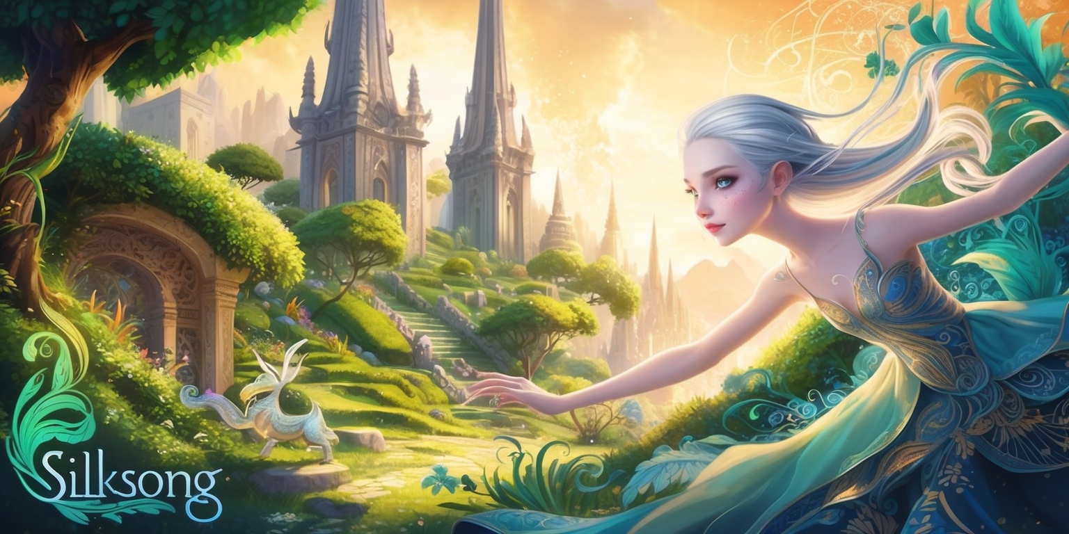 A vibrant and whimsical illustration of the Silksong game, featuring a beautiful, intricate landscape with lush greenery, towering spires, and ancient ruins, set against a warm, golden light, with the game's protagonist, a delicate, agile character with striking facial features, porcelain-like skin, and flowing, silver hair, navigating through the environment with elegance and poise, surrounded by fantastical creatures, intricate patterns, and subtle, shimmering effects, with a mix of digital and hand-drawn elements, and a dreamy, ethereal quality to the overall scene, showcasing the game's unique blend of exploration, adventure, and captivating visuals.