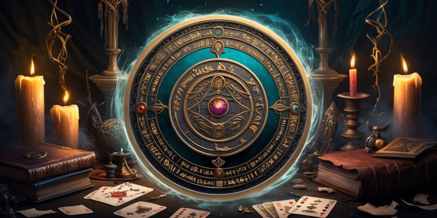 A detailed illustration of the Seal of Fate game, set against a dark mystical background with golden accents, featuring a large ornate seal at the center, adorned with intricate symbols and markings in a mix of ancient languages, surrounded by candles, mysterious artifacts, and leather-bound books, with a sense of foreboding and anticipation, the seal itself emitting a soft ethereal glow, as if imbued with otherworldly power, with subtle hints of magical energy swirling around it, and a few forgotten playing cards or torn parchment scraps scattered around the edges, giving a sense of an abandoned yet powerful ritual.