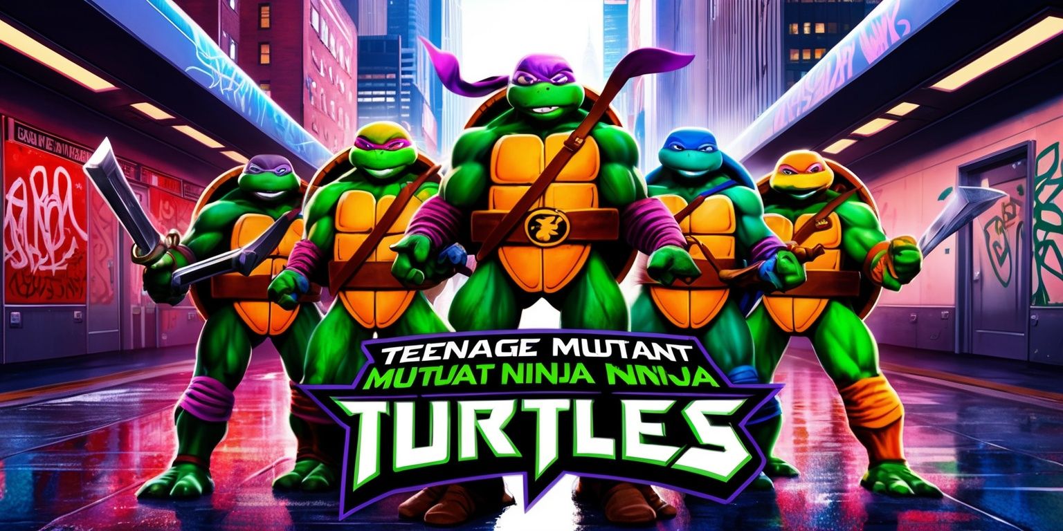 A colorful digital illustration of the Teenage Mutant Ninja Turtles game, featuring Leonardo, Michelangelo, Donatello, and Raphael in the center, surrounded by a New York City subway station backdrop with graffiti-covered walls, sleek skyscrapers, and bustling streets, the turtles standing heroically with their signature weapons, a mix of warm and cool tones, bold lines, and dynamic textures, with a hint of neon lights reflecting off the wet pavement, the game's logo prominently displayed in a bold, comic-book style font with bright green and purple hues, the overall atmosphere evoking a sense of action, adventure, and nostalgia, with the turtles' facial expressions showcasing their unique personalities, from Leonardo's determined gaze to Michelangelo's goofy grin.