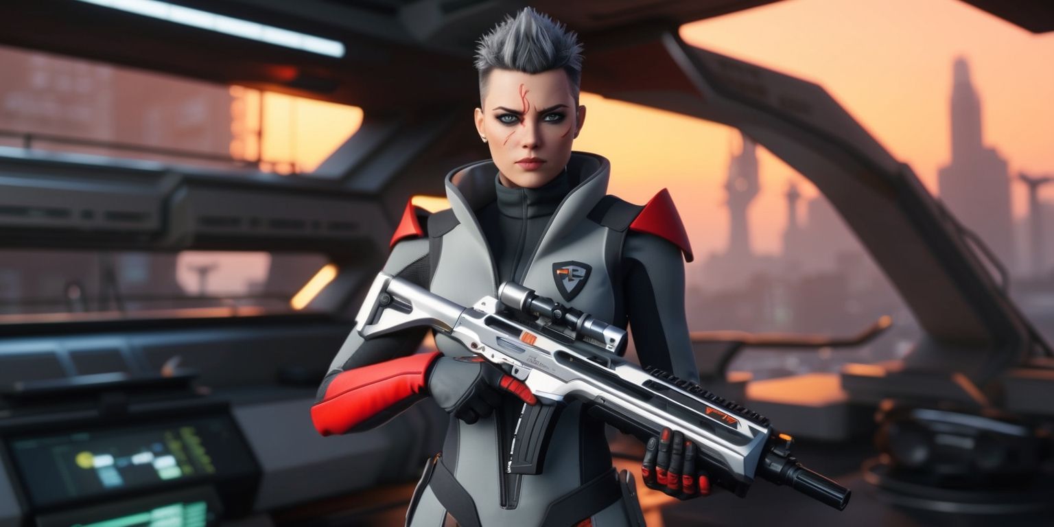 Arknights Endfield operator standing in a futuristic sci-fi environment with a sleek and modern aesthetic, surrounded by advanced technology and machinery, wearing a unique outfit with a mix of dark and light gray tones, and bold red accents, with short spiky hair and piercing blue eyes, holding a high-tech rifle with a silver and black finish, set against a backdrop of a dystopian cityscape at sunset with a warm orange glow, with the operator's facial expression determined and focused, and a subtle hint of a scar above their left eyebrow, with the Arknights logo emblazoned on their uniform in a bold, metallic font.