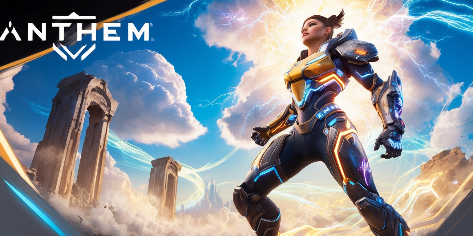 A futuristic, high-action scene depicting a dynamic character from the video game Anthem, set against a vibrant, electric blue sky with cumulus clouds illuminated by an intense, golden sunlight, surrounded by wispy, iridescent energy streams and towering, ancient structures in the distance, with the character's Javelin exosuit glowing with radiant, metallic colors and intricate, pulsing circuitry, as they stand victorious, looking up towards the sky with determination etched on their face, featuring strong, angular facial features, smooth, athletic skin, and a resolute expression, with the game's logo emblazoned on the top-left corner in bold, metallic silver lettering, against a subtle, gradient background that shimmers with an ethereal, otherworldly glow.