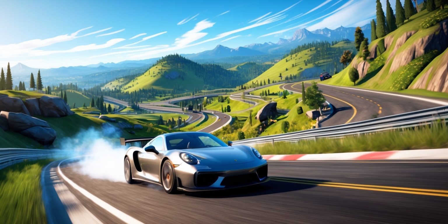 A vibrant and dynamic scene depicting an open world racing game, set in a stunning fictional landscape with rolling hills, verdant forests, and winding roads that stretch as far as the eye can see. In the foreground, a sleek, high-performance sports car hurtles down the asphalt, its metallic paint glistening in the warm sunlight, with smoke trails and motion blurs capturing its speed and agility. The surrounding environment is teeming with lush greenery, rocky outcroppings, and distant mountain ranges, with a few scattered trees and roadside buildings adding a touch of realism. The sky above is a brilliant blue, with only a few wispy clouds drifting lazily across the horizon. The overall aesthetic is a blend of photorealism and stylized graphics, with bold lines, vibrant colors, and a sense of kinetic energy and movement.