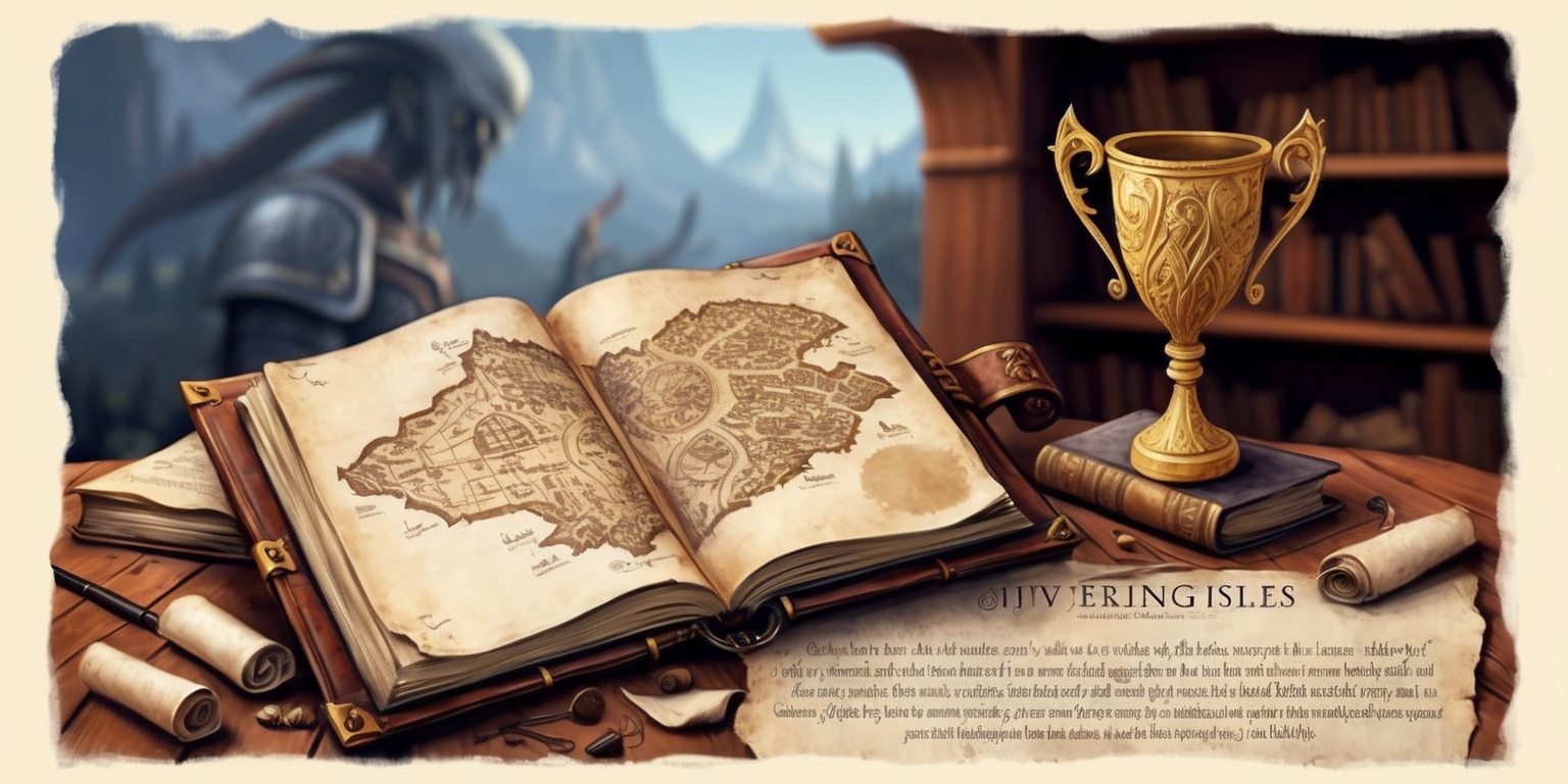 A vivid, whimsical illustration depicting a nostalgic nod to The Elder Scrolls IV: Oblivion game, with a worn, leather-bound tome opened to a page showcasing a detailed, ornate diagram of the Cyrodiil map, surrounded by scattered parchments, quills, and forgotten scrolls. In the background, a blurred, dreamlike scene of the Shivering Isles expansion, with the daedric prince of madness, Sheogorath, watching over the surreal landscape. A delicate, golden trophy sits atop the book, adorned with intricate, ornate designs, symbolizing the game's extensive achievement system. The color palette is warm, with earthy tones of wooden bookshelves, rich brown leather, and soft, creamy parchment, evoking a sense of ancient wisdom and forgotten knowledge. The style blends traditional fantasy illustration with modern, vibrant colors, reminiscent of classic video game concept art. The text within the illustration is elegant, with subtle, cursive script resembling ancient manuscripts, detailing the in-depth discussion of the game's trophy and achievement system.