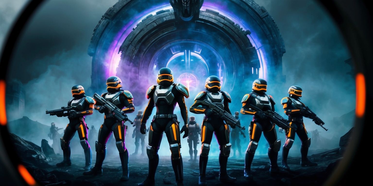 A futuristic sci-fi scene depicting a group of arc raiders, armed and geared up, standing in front of a massive, ancient alien portal, with a vibrant blue and purple glow emanating from it, set against a dark, misty, and ominous atmosphere, the raiders' outfits and gear have a metallic, high-tech sheen, with bold, neon accents, and the overall style has a dynamic, action-packed feel, the image is in full color, with a wide range of hues, from deep blues and purples to bright oranges and yellows, and the composition is framed by a slight fisheye lens effect, adding to the sense of intensity and drama.