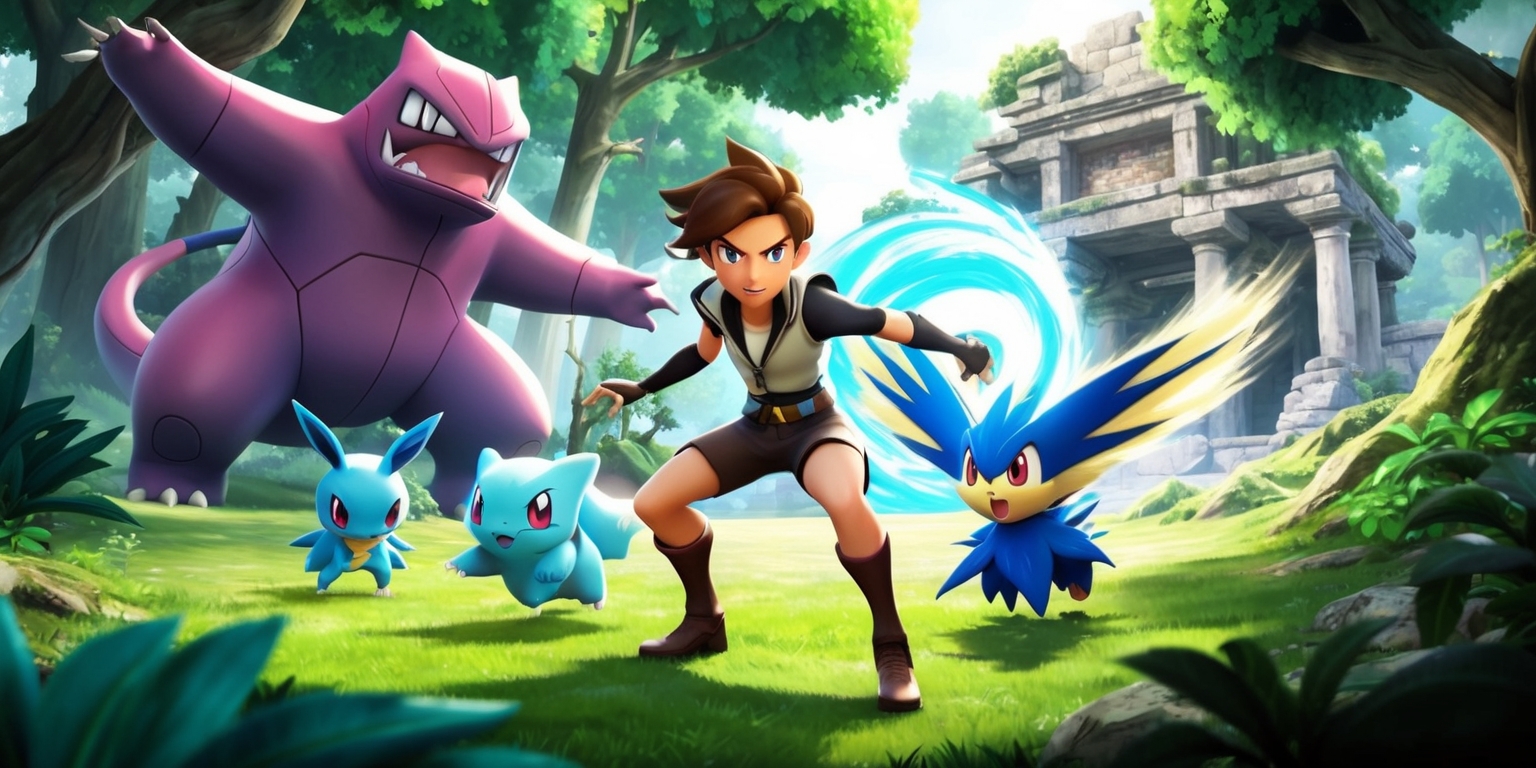 A vibrant, action-packed scene from Pokémon Legends: Z-A game, featuring a young, determined trainer with a strong facial expression, short brown hair, and tanned skin, wearing a sleek, earth-toned outfit, standing in a lush, green forest surrounded by towering trees, with a few Pokémon, including a large, majestic Zoroark, a swift, electric-blue Tandemaus, and a small, adorable Sprigatito, all with dynamic, textured fur and radiant, shimmering auras, in the background, a subtle, glowing aura emanates from a ancient, ruined temple, with intricate, mysterious carvings and overgrown vegetation, the atmosphere is filled with anticipation and adventure, as the trainer prepares for an epic battle, with a bold, golden Poké Ball at the ready, the style is reminiscent of a mix between anime and fantasy, with bold lines, and a color palette that blends earthy tones with bright, electric blues and radiant, golden accents.