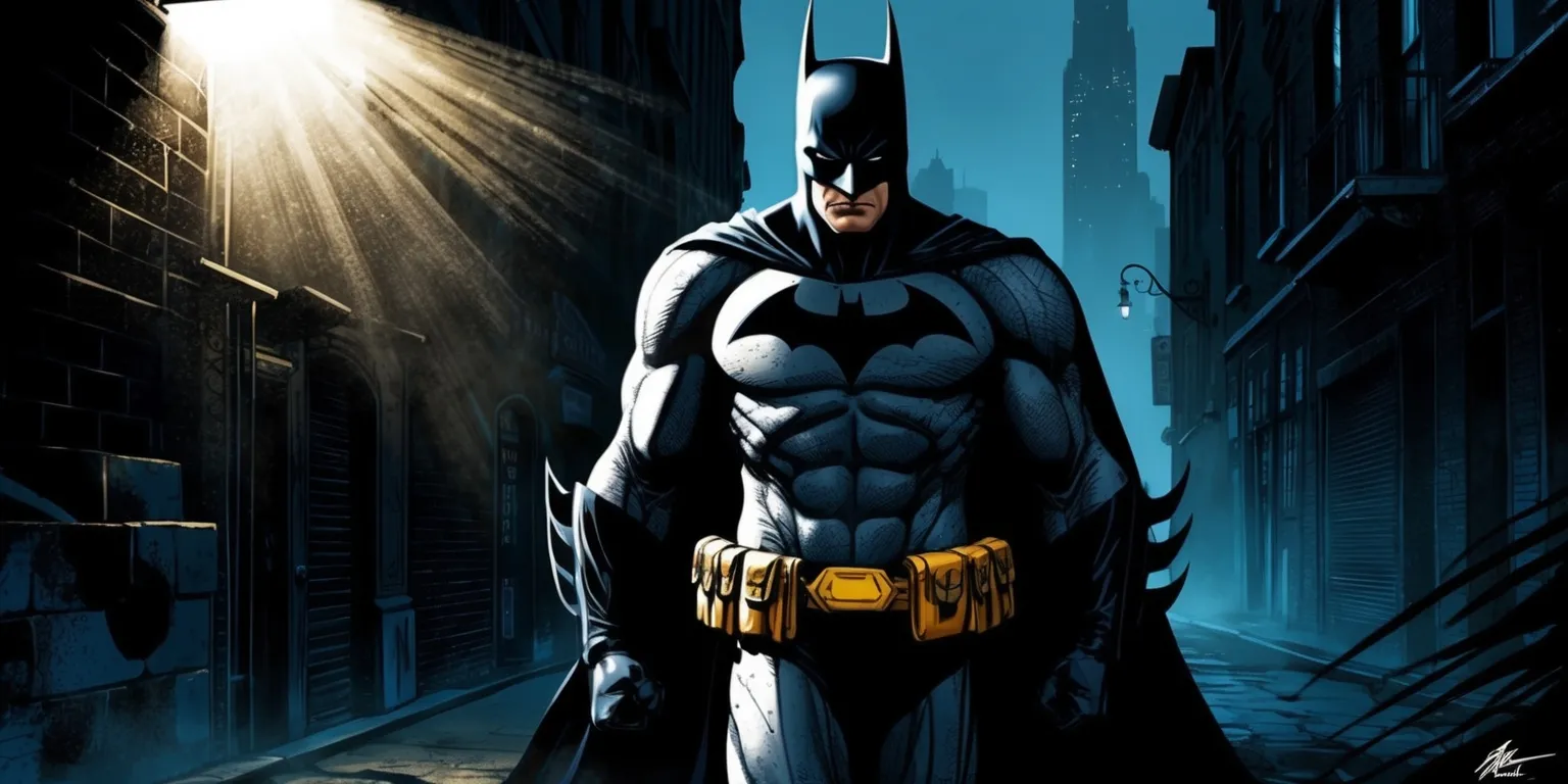 A dark and gritty scene depicting the Caped Crusader in a Gotham City alleyway at dusk, with a dramatic spotlight shining down on Batman, highlighting his muscular physique and iconic suit, including a black cowl, cape, and gloves, with a utility belt around his waist, set against a backdrop of tall buildings and foggy streets, in a stylized comic book-inspired illustration, with bold lines, vibrant colors, and dynamic texturing, showcasing the intensity and mystery of the Batman Origins game, with a sense of foreboding and anticipation, as if the Dark Knight is about to embark on a perilous mission to protect his city from the forces of evil.